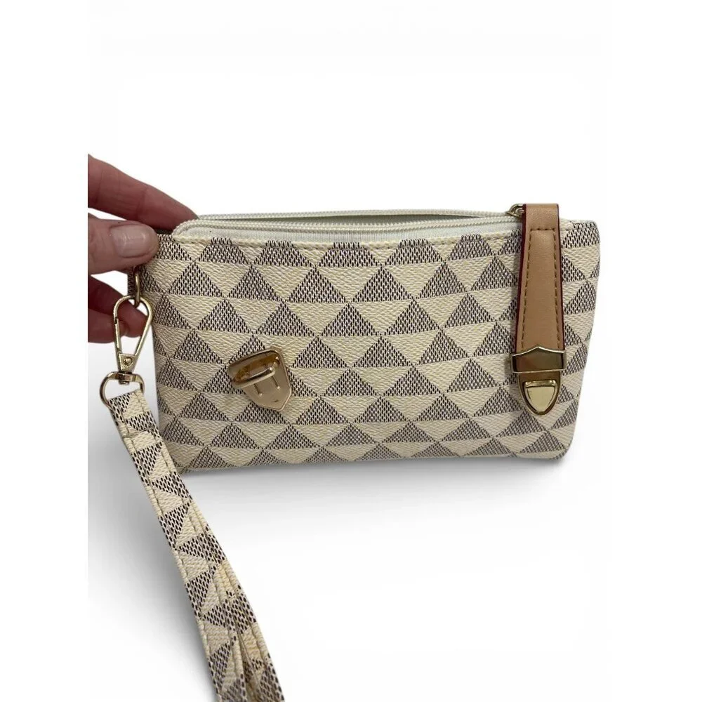 Geometric Pattern Beige Wristlet With Gold Accent & Zipper Closure